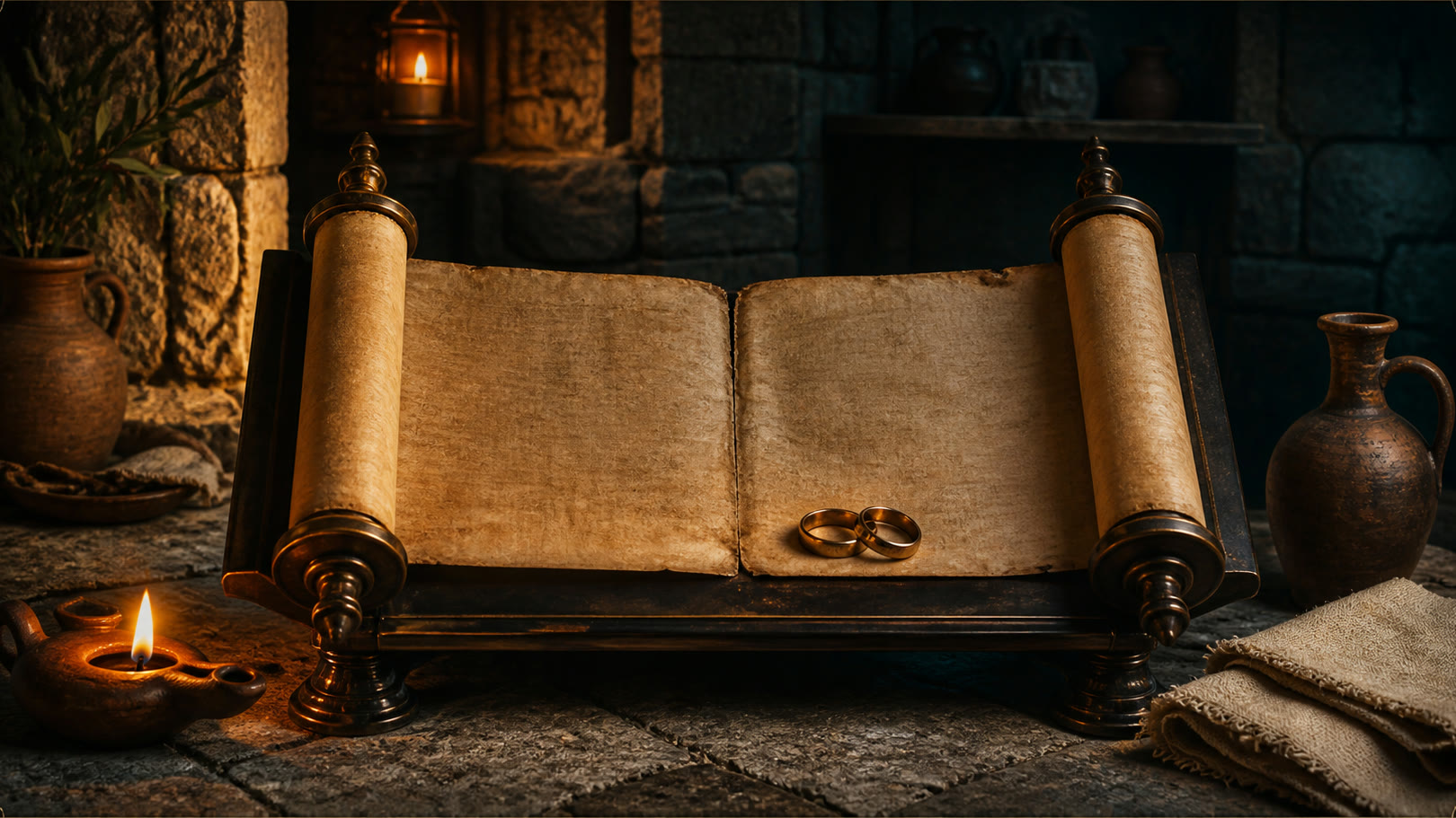 An open covenant scroll with two rings, an oil lamp, pottery, and folded linen